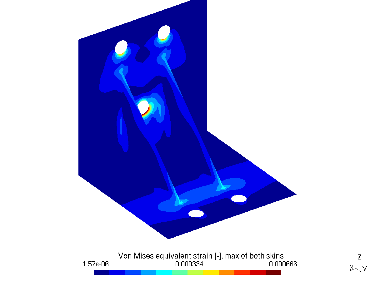 Von Mises equivalent strain in the bracket, maximum of the two skins, 6.7e-4 at the lowest bolt hole of the wall