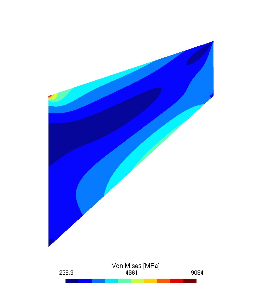 Von Mises stress in Cook's membrane, QUAD8 model, 3790.4 MPa at P2 and a singular peak of 9084 MPa at the upper left clamped corner